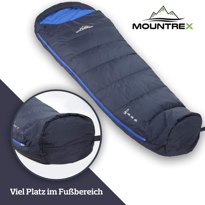 Сплячий мішок MOUNTREX® - компактний та ультралегкий (760г/1500г) - Outdoor (100GSM) / 3-4 сезони (300GSM) - Мумієвидний спальний мішок - для кемпінгу, подорожей, фестивалів - теплий та з'єднувальний (Темно-синій/Синій), літній спальний мішок
