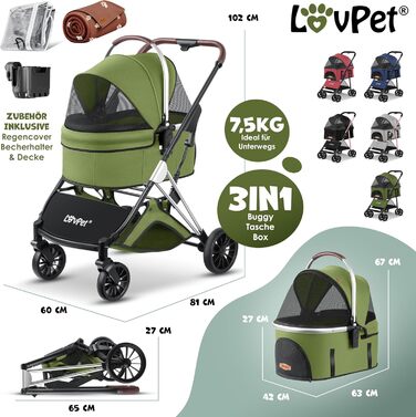 Візок для собак 3в1: візок-переноска, сумка-переноска, лежанка. Макс. вага 20 кг. Зручний, складний, з великими колесами, сітковими віконцями, дощовиком, тримачем для напоїв та м'якою підстилкою. Підходить для собак та котів (Khaki / Silver)