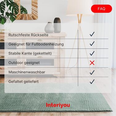 Килимок для вітальні Interiyou Fargo 80x150 см - короткий ворс, миючий, нековзний, штучне хутро, м'який ворс (зелений)