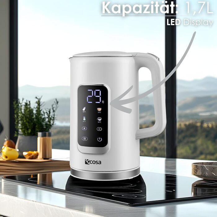 Електричний чайник-заварник зі сталлю, регулювання температури 40-100°C, 1,7 л, 2200 Вт, з підігрівом, LED дисплеєм, без BPA, білий Wanda