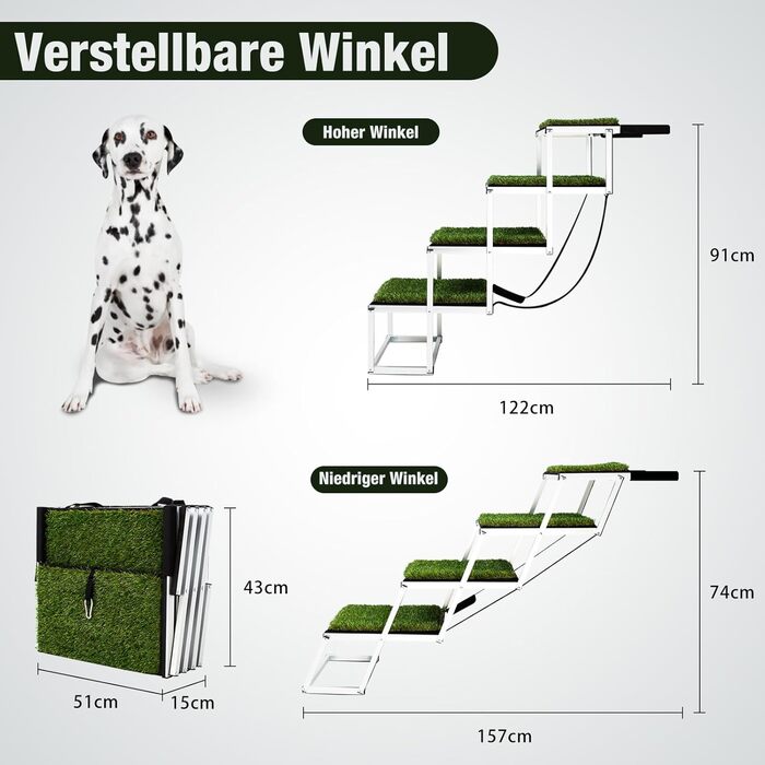 Сходинки для собак Extra Breit: широкі, складані сходи для великих собак з антиковзким покриттям з штучного газону, легкий алюмінієвий каркас, для автомобілів, вантажівок та SUV