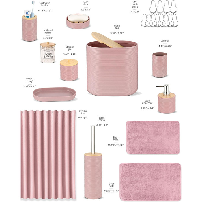 Набір для ванної кімнати IMAVO Pinkes, 26 предметів: аксесуари, душова завіса, килимки, відро, піднос, дозатор мила, мильниця, тримач для зубних щіток, стаканчик для щіток, рожевий
