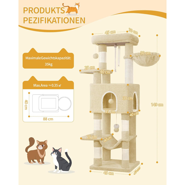 Дерев'яний будиночок для котів Hzuaneri Kratzbaum, 149 см, з 5 стовпчиками для шліфування, платформами, затишною печерею, багатоповерховий центр активності для котів, помпонами, бежевий (MS14918LG)