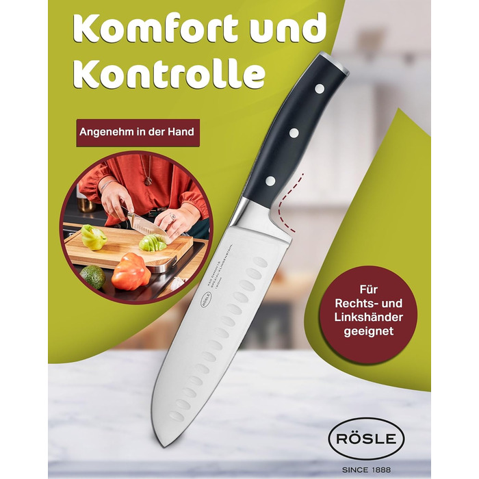 Кухонний ніж RÖSLE Santoku 17,5 см з куленшліфом, ергономічна ручка, для м'яса, риби та овочів, японська форма леза, преміум якість