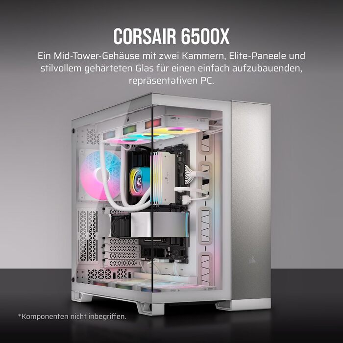 Корпус Corsair 6500X Mid-Tower ATX - Без вентиляторів, 2-камерний дизайн, сумісний з платами зворотного підключення, загартоване скло, білий/сірий