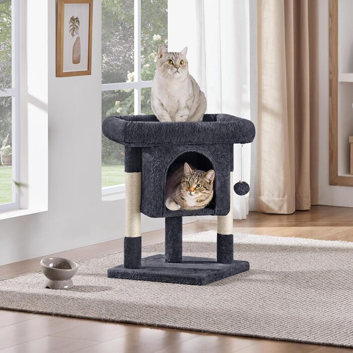 Yaheetech Scratching Post 60 cm Small Cat Scratching Tree, with Cat Cave, Plush Sisal, Cat Tree Cat Furniture Play Tree for Small Cats, Black
