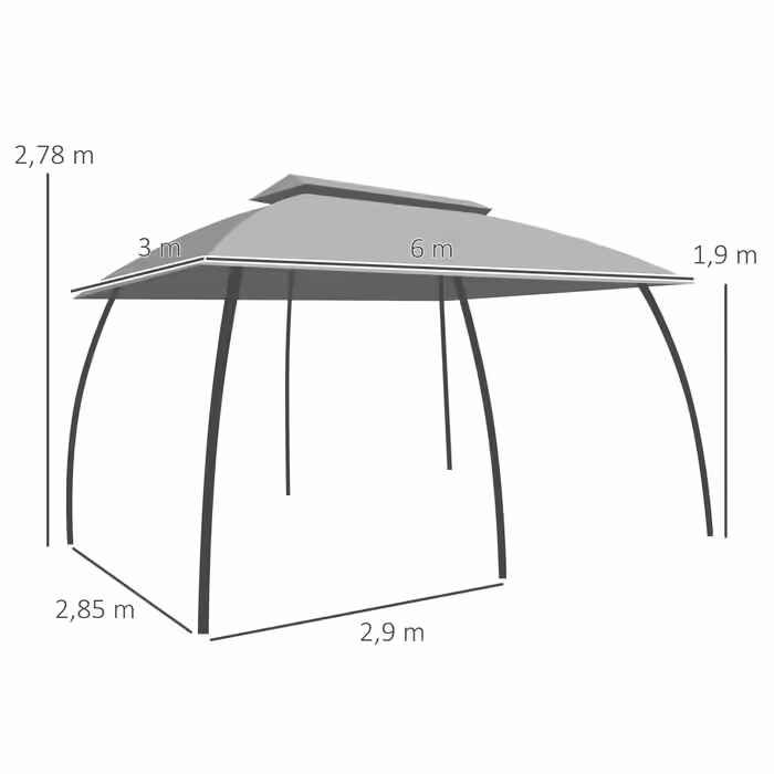 Outsunny Garden Pavilion 3 x 6 m Party Tent with Double Roof & Side Walls, Mosquito Nets for up to 15 People, Galvanized Metal, Dark Grey