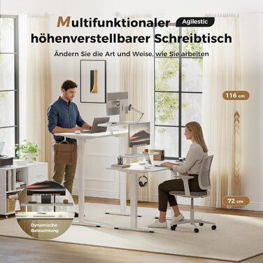 Електричний регульований стіл Agilestic 140x60 см з LED-підсвіткою, USB-портом та мобільним тримачем монітора, білий