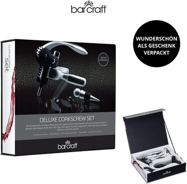 BarCraft Waiter's Corkscrew and Wine Bottle Opener, with Bottle Stopper, Foil Cutter and Replacement Non-Stick Worm, Metal Shimmer, 1 Set with Presentation Box