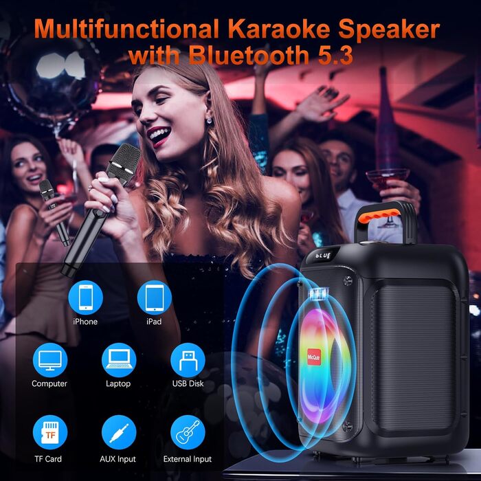 Караоке машина з 2 бездротовими мікрофонами, Bluetooth колонка з RGB-підсвіткою для дорослих/дітей, караоке апарат для дому, вечірок, PA-система, Party Box, Black-2Mic