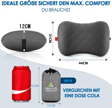 Надувна подушка для кемпінгу та подорожей HIKENTURE з знімним чохлом, ергономічна подушка для голови, комфортна подушка для шиї для подорожей/відпочинку на природі (Сірий)