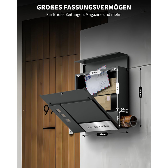 Поштовий ящик Anthrazit з гравіюванням, персоналізований, нержавіюча сталь, з відділенням для газет та замком (2 ключі) | Поштовий ящик з іменним шильдиком та номером будинку