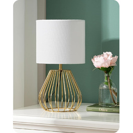 EDISHINE Настільна лампа, сучасний дизайн, індустріальний стиль, Е14 цоколь, вінтажна, для спальні/вітальні, бежево-чорна (льон + золото)