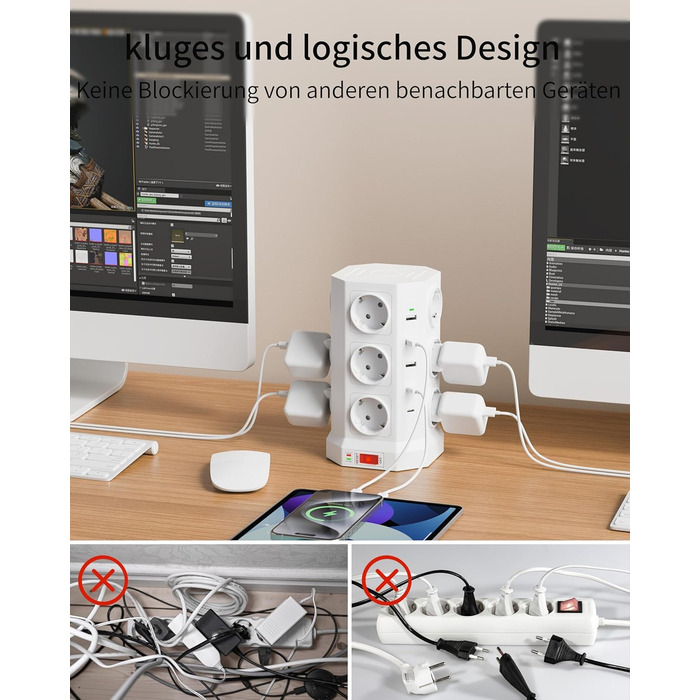 Блок розеток із захистом від перенапруги (3680W/16A), 12 розеток з 5 USB, мережевий фільтр з вимикачем, 1,5м кабель, захист 1050J, для дому/офісу, білий