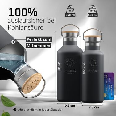 Фляга для води з нержавіючої сталі з трубочкою та інфузером, 3 кришки: без BPA, не протікає, підходить для газованої води - спортивна фляга, термофляга, ізотермос, дитяча фляга для чаю (530 мл, Cool Grey Bamboo)