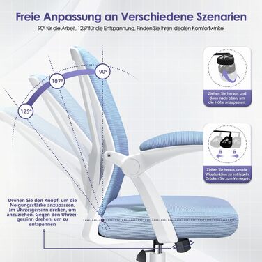 Ергономічне крісло для офісу з регульованою поперековою підтримкою, відкидними підлокітниками, поворотним механізмом та регулюванням висоти, блакитне