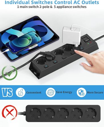 Мережевий фільтр Steckdoseleiste 5-fach з вимикачами, захистом від перенапруги 1050J, для дому та офісу, 2м кабель (чорний)