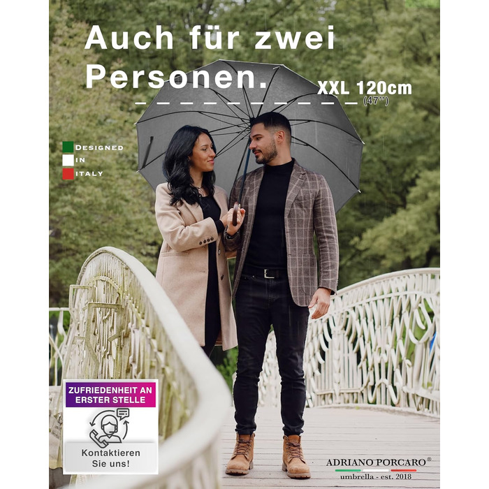 Стійкий до вітру парасолька Ø120см, великий парасолька XXL з відбиваючим краєм, 12 спиць, парасолька-тростина з чохлом - для чоловіків та жінок, оливковий (сірий)