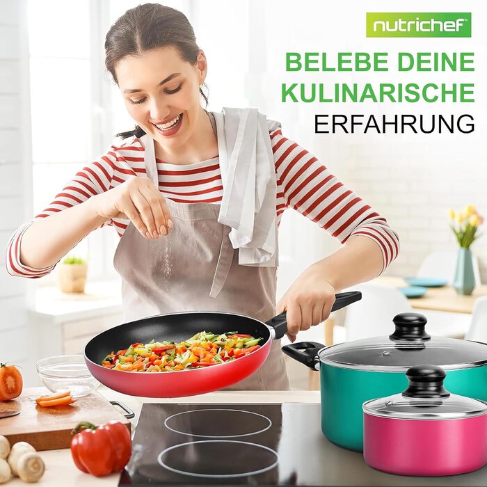 Набір каструль та сковорідок NutriChef 15 предметів, антипригарне покриття, для всіх плит, PFOA/PFOS free, придатний для миття в посудомийній машині, кольоровий