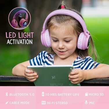 Дитячі навушники PowerLocus Bluetooth Over-Ear з LED-підсвічуванням, 85dB, HD Stereo, мікрофон для телефону, планшета, ПК, TV (N-Рожевий)