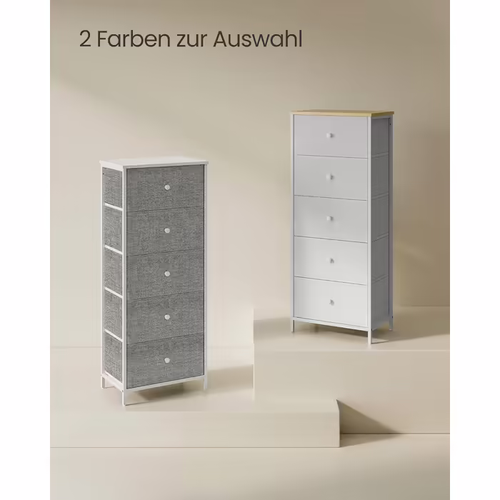 SONGMICS Chest of Drawers, Storage Cabinet with 4 Fabric Drawers, Metal Frame, Tall and Narrow, White-Oak Finish LTS314W57 (Pigeon Gray + Cream White, 29.8W x 45D x 112.3H cm (5 Drawers))