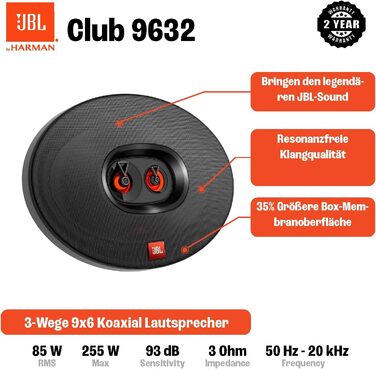 JBL Club 9632 – трьохсмугові автомобільні динаміки Harman Kardon, 255 Вт, овальні 6x9”, чорні, комплект акустики для авто