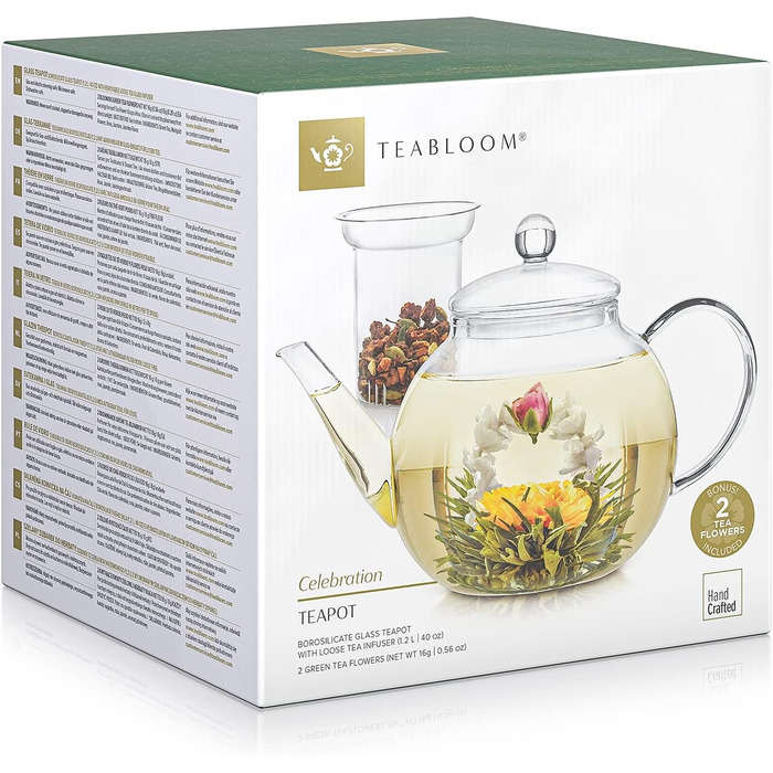 Скляний чайник Teabloom 1,2 л з фільтром, термостійкий, для чаю, для мікрохвильовки, 2 чайні квітки в комплекті