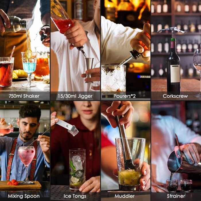 750ml Stainless Steel Cocktail Shaker Set with Bamboo Stand & Recipe Book - 17 Piece Bar Set with Accessories for Bartenders & Gifts