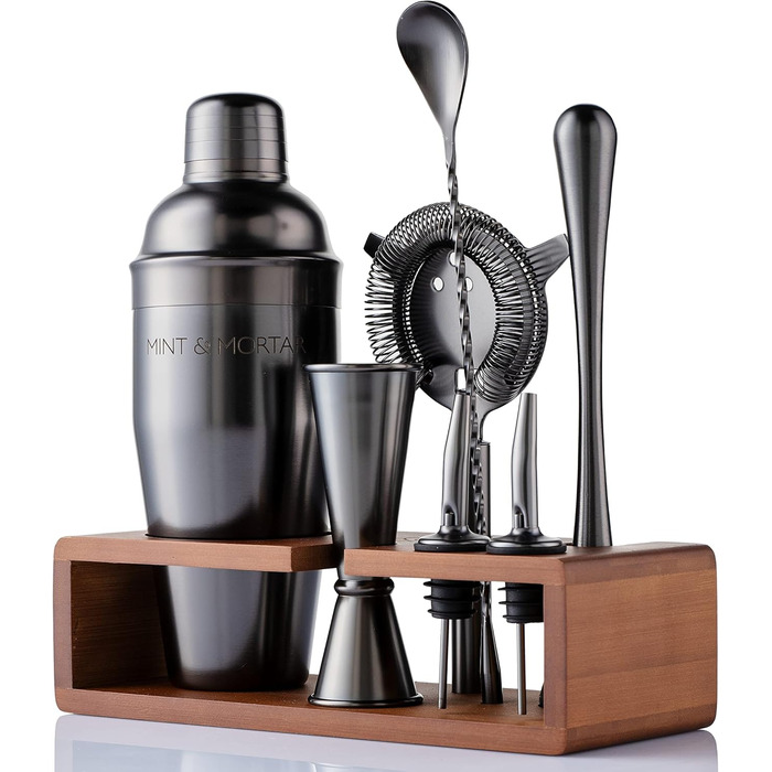 Набір для приготування коктейлів Mint&Mortar 7 шт. з бамбуковим підставкою, нержавіюча сталь, барменський набір з інструментами для дому та професійного використання, 680 мл, Mixer (Gunmetal Black)