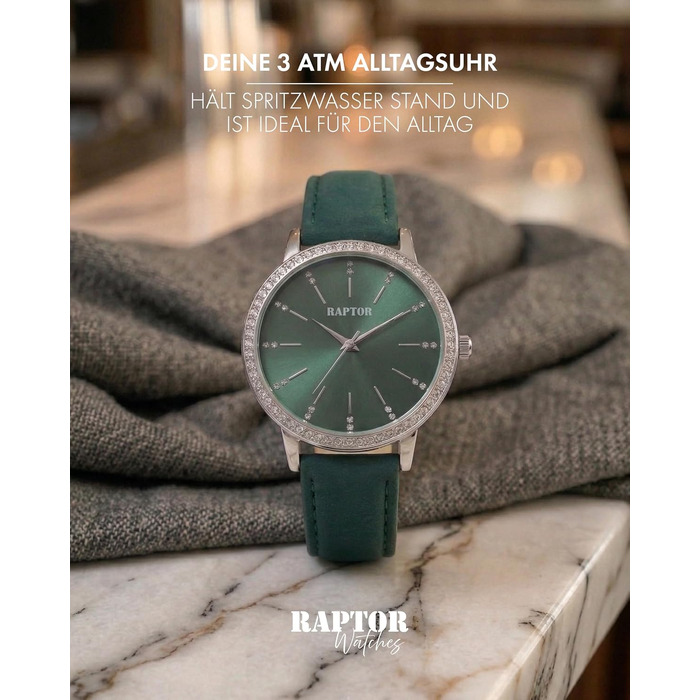 Жіночий наручний годинник Raptor elegant з блискітками, сріблястий корпус та чорний шкіряний ремінець