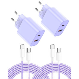 Зарядний пристрій 20W USB-C 2-Port для iPhone 17 Pro Max/16/15/14/13/12, Galaxy, iPad - з кабелем Type-C 2м (2 шт., блакитний/ліловий)