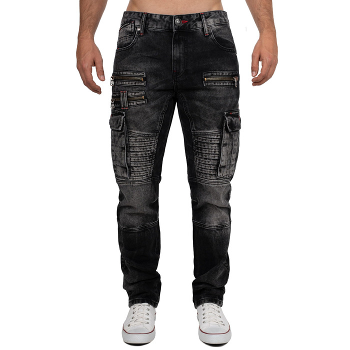 Чоловічі джинси Cipo & Baxx в стилі байкер – Regular Fit або Slim Fit | Чорний денім з потертостями, декоративними швами, блискавками та кишенями | Стильні повсякденні джинси з деніму (31W / 32L)