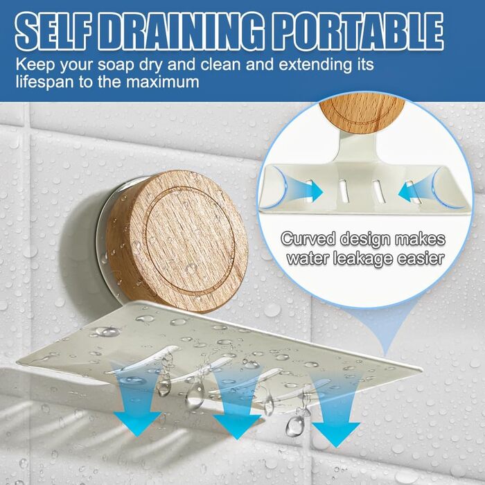 Миска для мила в душ, кріплення на стіну, дуб, поворотний присосок, самоклеюча, самостійно спорожняється, портативна, водонепроникна, без свердління для ванної кімнати, кухні (кремово-білий)