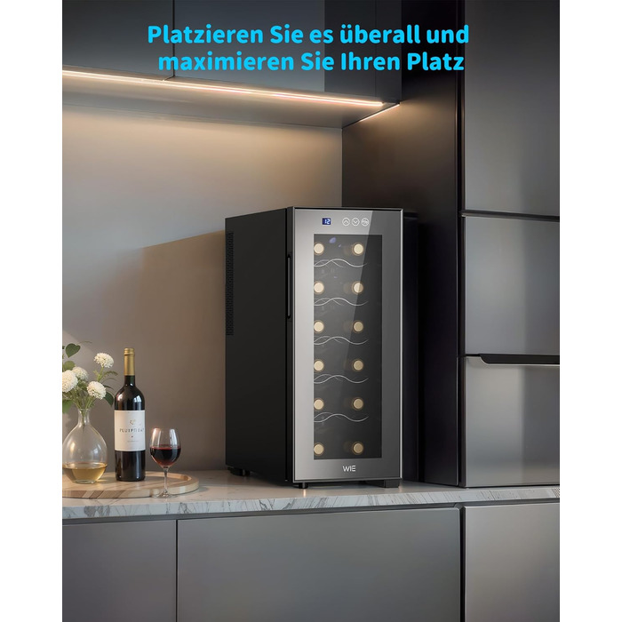 WIE 33 Liter Wine Fridge - 1 Zone, 12 Bottle Capacity, Mini Wine Cooler with Glass Door & LED Touch Panel, Anti-UV