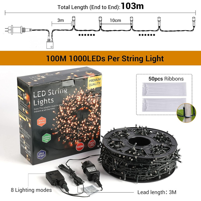 Гірлянда світлодіодна для декорування зовнішніх приміщень 100 м, 1000 LED, тепле світло, водонепроникна IP44, 8 режимів, для дому, вечірки, ялинки, балкону, тераси