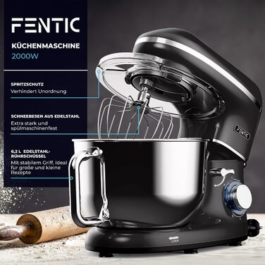 Fentic Stand Mixer - 2000W - Stainless Steel Mixing Bowl (6.2 L) - Stand Mixer with Dough Hook, Beater Hook, Whisk, and Splash Guard - Includes Additional Accessories - Black