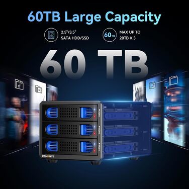 Корпус для жорстких дисків CENMATE з трьома відсіками для 2.5'/3.5' SATA HDD/SSD з USB 3.0, без інструментів, Daisy Chain, DAS (не RAID/NAS)