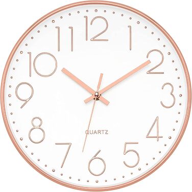 Foxtop Wall Clock Radio-Controlled Wall Clock 30 cm Silent & No Ticking Large Dial Analog without Ticking For Kitchen, Living Room, Bathroom DCF Radio Signal Modern Design White-Gray (White-Rose Gold)