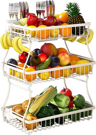 Баскет для фруктів та овочів на 3 ярусах, полиця на кухонну стільницю, легка установка, знімна, ідеальна для фруктів та овочів (білий)