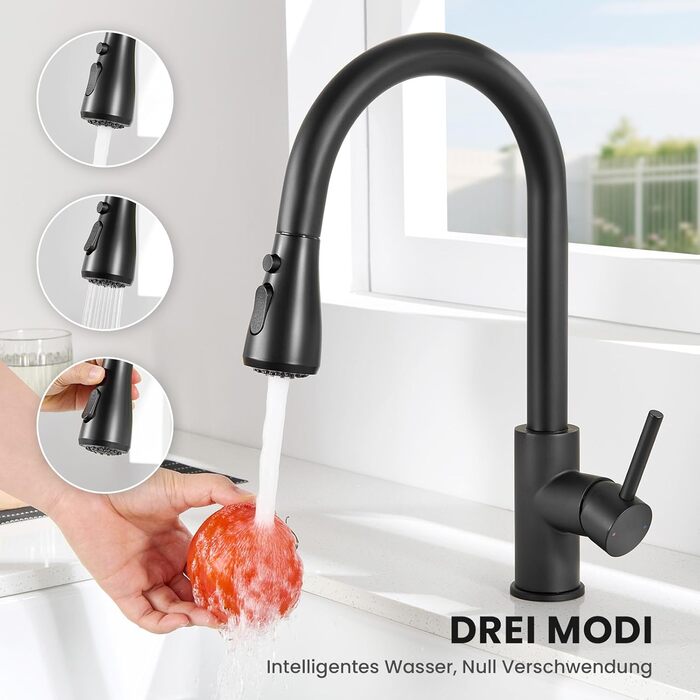 Кран кухонний CECIPA з 3 режимами, висувний, поворотний 360°, з високим виливом, з нержавіючої сталі, чорний