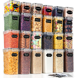 Набір контейнерів для зберігання GoMaihe 24 шт. з кришкою: герметичні контейнери для продуктів з етикетками та маркером | Коробки для зберігання на кухню для мюслі, борошна, кукурудзяних пластівців та цукру | Без BPA | Можна мити в посудомийній машині, чорний - Набір 24 шт.