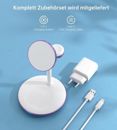 3-в-1 Індукційна Зарядка для Кілька Пристроїв, 15W MagSafe, iPhone 15/14, iWatch Ultra/Series 9/8, AirPods, Білий/Фіолетовий