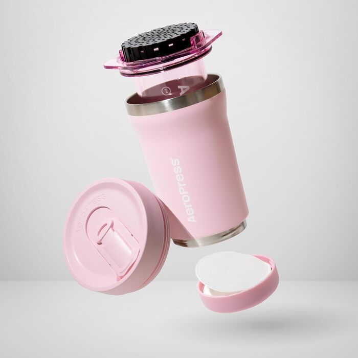 AeroPress Go Plus Рожева – портативна кавоварка 3-в-1 для подорожей і кемпінгу, французький прес, пуровер, еспресо, насичена кава без гіркоти, комплект для приготування кави