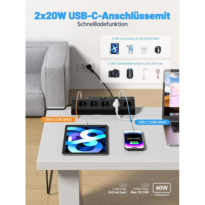 Мережевий фільтр PASSUS з 5 розетками, 2 USB-C (PD 30W), захист від перенапруги, індивідуальне вмикання, 10-в-1, з кабелем 2м, для офісу, чорний