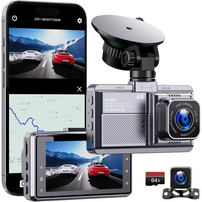Відеореєстратор Dash Cam 4K з GPS, WiFi 5Ghz, 64GB SD, Паркування, Нічне бачення, Loop-запис