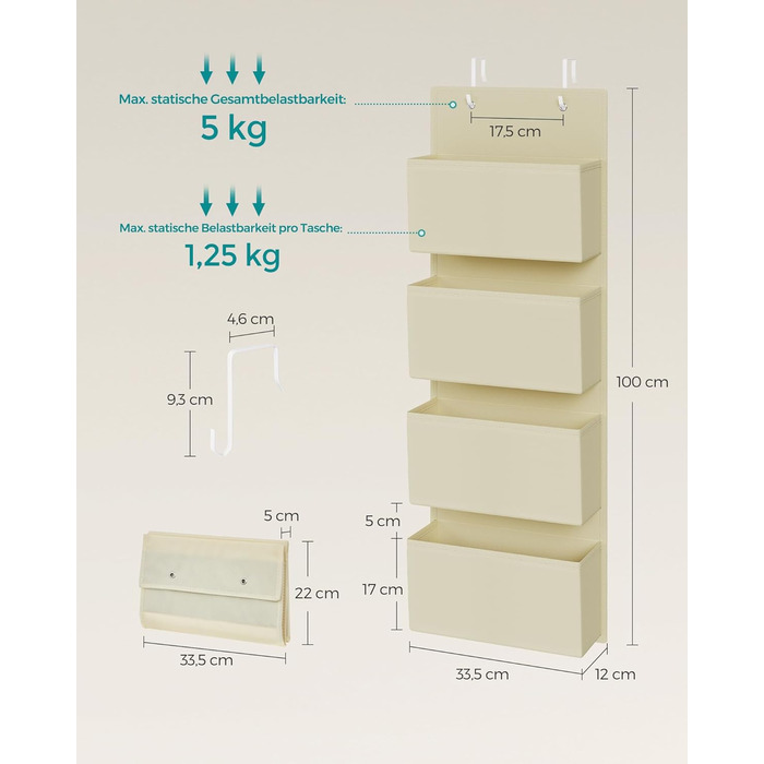 Організатор для шафи SONGMICS з 4 кишенями, настінний, для зберігання, на двері, спальня, вітальня, 2 x 33,5 x 00 см, RDH04G (1, Бежевий)