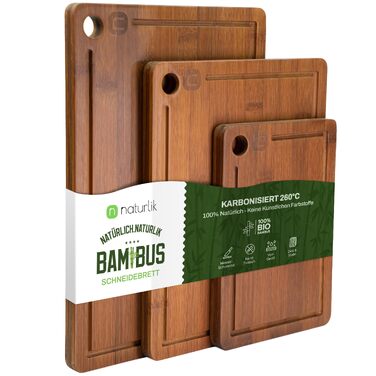 Велика бамбукова дошка для нарізання Naturlik XXL 45x30 см, карбонізована дерев'яна кухонна дошка з жолобом для соку та ручками для м'яса, овочів та хліба, набір 3 шт.