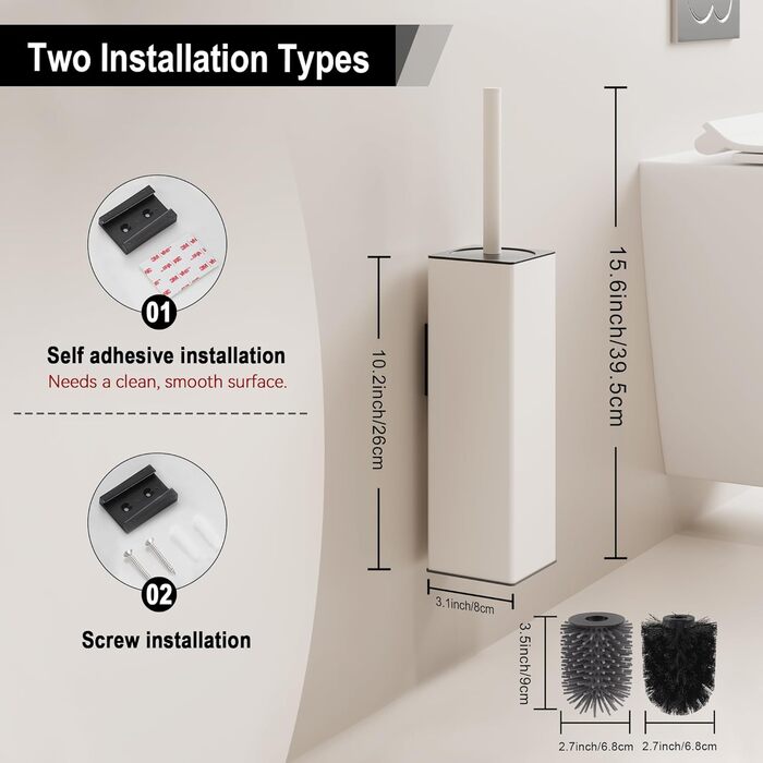 Настінна щітка для туалету BVL, тримач без свердління, 2 насадки, силіконова щітка для унітазу, кутова, білий матовий