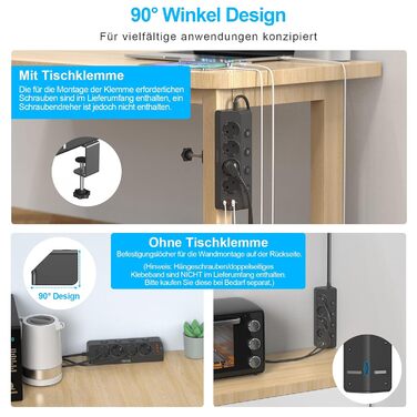 Мережевий адаптер PD 20W з плоским штеплером, розетка FDTEK 4-портова з індивідуальним вимикачем, 4000W, 16A, USB-C, розетка для столу з вимикачем, настільна розетка з кріпленням на стіну, кабель 2м (Чорний з кріпильною пластиною)