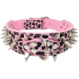 Шкіряний нашийник для собак середнього розміру з шипами, м'який, 5 см, проти кусання (M, SW-SW), M: 48-56 см, Pink Leopard-Silver